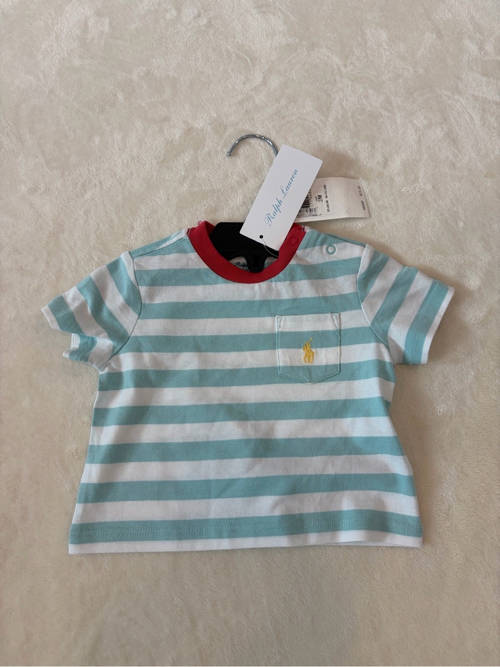 Ralph Lauren Striped Short-Sleeve Tee in Aqua, White & Red Trim